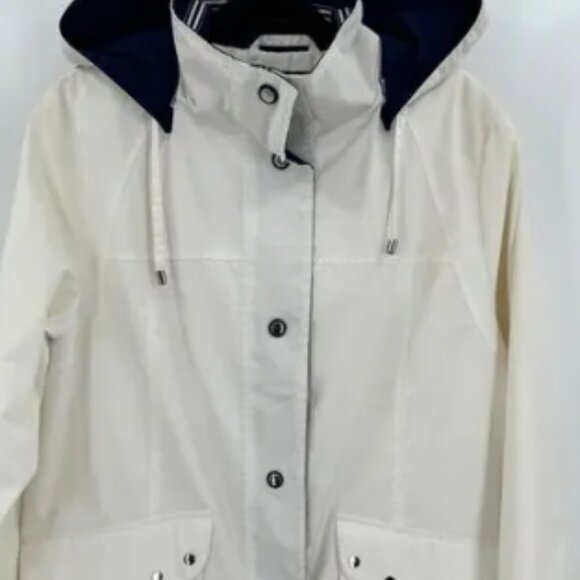 MACKINTOSH White Navy Blue Rain Jacket Coat with Removeable Hood Size S - Picture 1 of 7